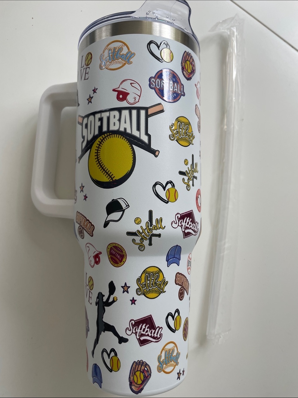 Softball Graphic Travel Tumbler - White & Yellow